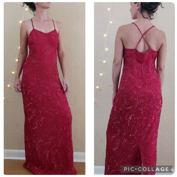 Vintage Ibiza Red Beaded Floor Length Silk Evening Gown Large (See Measurements) - Picture 1 of 15